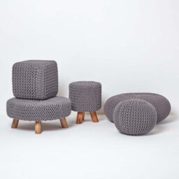 Homescapes Dark Grey Large Round Cotton Knitted Pouffe Footstool - thumbnail 5