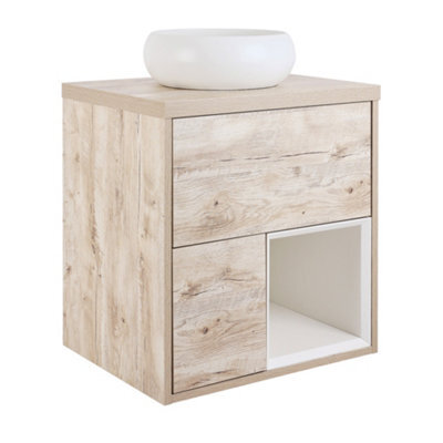 Homestylestore Light Oak 594mm Wall Hung Bathroom Vanity Unit Round Chalk Countertop Basin Open Shelf - image 1
