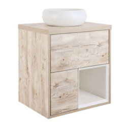 Homestylestore Light Oak 594mm Wall Hung Bathroom Vanity Unit Round Chalk Countertop Basin Open Shelf