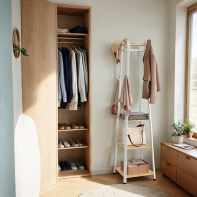 LEDREM Coat Rack, Coat Stand With 3 Shelves, Hall Tree Free Standing With Hooks, Steel Frame, For Entryway, Living Room, Oak And White - image 1