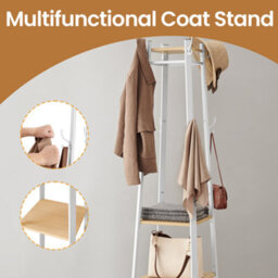 LEDREM Coat Rack, Coat Stand With 3 Shelves, Hall Tree Free Standing With Hooks, Steel Frame, For Entryway, Living Room, Oak And White - thumbnail 4