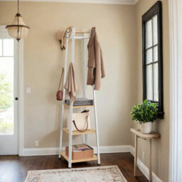 LEDREM Coat Rack, Coat Stand With 3 Shelves, Hall Tree Free Standing With Hooks, Steel Frame, For Entryway, Living Room, Oak And White - thumbnail 2