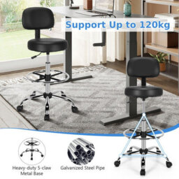 Costway Ergonomic Drafting Chair Faux Leather Upholstered Rolling Stool W/ Backrest - thumbnail 7