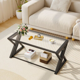 Huhote Modern Open Design Rectangular Glass Coffee Table With Black Metal Frame 39X19X18 In End Side Table Beside Table For Home - thumbnail 4