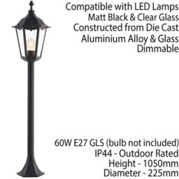 Outdoor Lamp Post Lantern Bollard Light Matt Black & Glass 1M Tall Garden Led - thumbnail 2