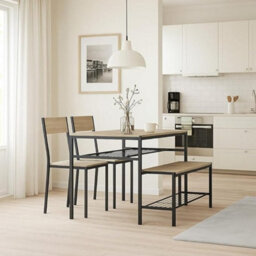 Urbn-Living 4-Piece Wooden Dining Set With Metal Frame Table, 2 Chairs & Bench - Oak - thumbnail 4