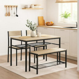Urbn-Living 4-Piece Wooden Dining Set With Metal Frame Table, 2 Chairs & Bench - Oak - thumbnail 3