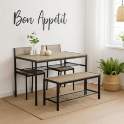 Urbn-Living 4-Piece Wooden Dining Set With Metal Frame Table, 2 Chairs & Bench - Oak - thumbnail 2