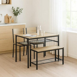 Urbn-Living 4-Piece Wooden Dining Set With Metal Frame Table, 2 Chairs & Bench - Oak - thumbnail 1