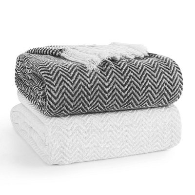 Ehc Pair Pack Chevron Cotton Throws For Sofa, Chair Blanket 127 X 152Cm  ( Pack Of 2 ) - Ivory / Black - image 1