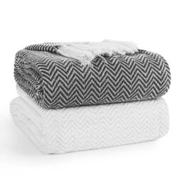 Ehc Pair Pack Chevron Cotton Throws For Sofa, Chair Blanket 127 X 152Cm  ( Pack Of 2 ) - Ivory / Black