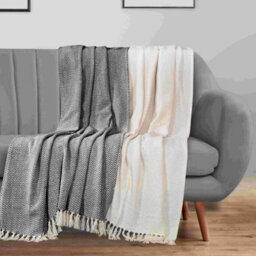 Ehc Pair Pack Chevron Cotton Throws For Sofa, Chair Blanket 127 X 152Cm  ( Pack Of 2 ) - Ivory / Black - thumbnail 2