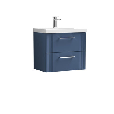 Balterley Belvide Partial Fluted 2 Drawer Wall Hung Vanity Unit With 1 Tap Hole Thin-Edge Basin- 600mm - Satin Blue - image 1