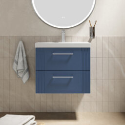 Balterley Belvide Partial Fluted 2 Drawer Wall Hung Vanity Unit With 1 Tap Hole Thin-Edge Basin- 600mm - Satin Blue - thumbnail 2