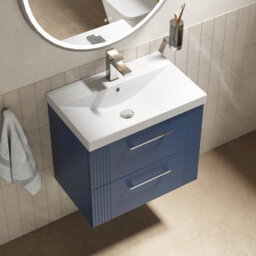 Balterley Belvide Partial Fluted 2 Drawer Wall Hung Vanity Unit With 1 Tap Hole Thin-Edge Basin- 600mm - Satin Blue - thumbnail 3