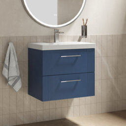 Balterley Belvide Partial Fluted 2 Drawer Wall Hung Vanity Unit With 1 Tap Hole Thin-Edge Basin- 600mm - Satin Blue - thumbnail 6
