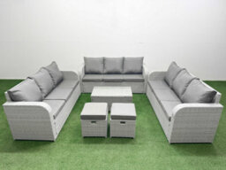 Fimous Pe Rattan Lounge Sofa Set 11 Seater Outdoor Garden Furniture Set Rectangular Coffee Table 3 Seater Sofa 2 Stools Light Grey - thumbnail 1