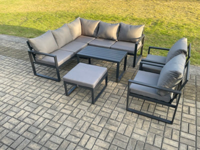 Fimous Aluminium Outdoor Garden Furniture Set Lounge Sofa Oblong Coffee Table Sets With 2 Pcs Chair Big Footstool