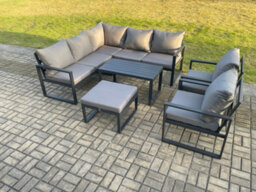 Fimous Aluminium Outdoor Garden Furniture Set Lounge Sofa Oblong Coffee Table Sets With 2 Pcs Chair Big Footstool - thumbnail 1