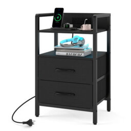 Costway Nightstand With Charging Station Rgb Led Lights 2 Fabric Drawers - thumbnail 2