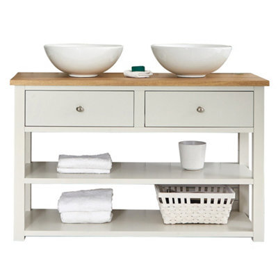 Homestylestore 1215mm Antique White And Oak Bathroom Vanity Unit With 2 Round Countertop Basins - image 1
