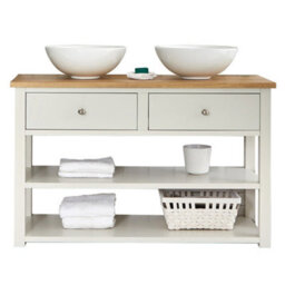 Homestylestore 1215mm Antique White And Oak Bathroom Vanity Unit With 2 Round Countertop Basins - thumbnail 1