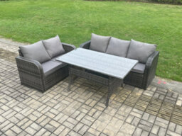 Fimous Outdoor Garden Patio Furniture Wicker Rattan Oblong Rectangular Dining Table And Lounge Sofa Set Dark Grey Mixed - thumbnail 1