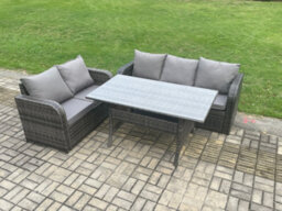 Fimous Outdoor Garden Patio Furniture Wicker Rattan Oblong Rectangular Dining Table And Lounge Sofa Set Dark Grey Mixed - thumbnail 2