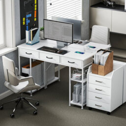 Homcom Computer Writing Desk With Power Outlets, Drawers, Shelves, White - thumbnail 8