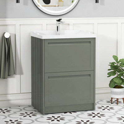 Royal Bathrooms Elmore 600mm Floor Standing 2 Drawer Bathroom Vanity Unit With Traditional Ceramic Basin Sink - Matt Green - image 1