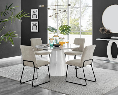 Furniturebox Uk Palma White Marble Effect Round Dining Table & 4 Taupe Halle Black Leg Chairs - image 1