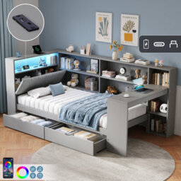 Btm 3Ft L Shape Daybed, Storage Drawers And Bookcase, Led Headboard With Charging Station, Grey, 90X190Cm - thumbnail 1