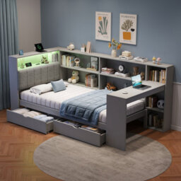 Btm 3Ft L Shape Daybed, Storage Drawers And Bookcase, Led Headboard With Charging Station, Grey, 90X190Cm - thumbnail 5