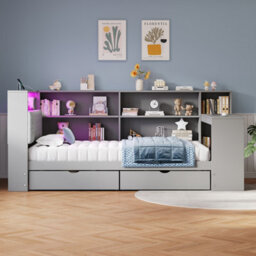 Btm 3Ft L Shape Daybed, Storage Drawers And Bookcase, Led Headboard With Charging Station, Grey, 90X190Cm - thumbnail 6