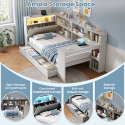 Btm 3Ft L Shape Daybed, Storage Drawers And Bookcase, Led Headboard With Charging Station, Grey, 90X190Cm - thumbnail 7
