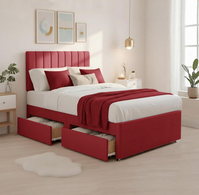 "4Ft6 Luxury Red Plush Divan Double Bed Frame With Mattress, 20"" Vertical Line Headboard, Bed With 2 Storage Drawers" - image 1