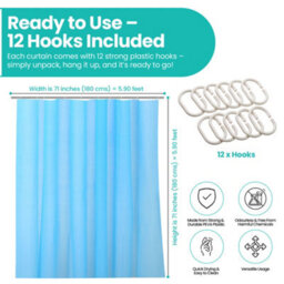 Neel Blue Shower Curtain With Hooks, Water-Resistant Vinyl Fabric, 180Cm X 180Cm Blue - thumbnail 2