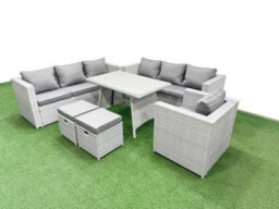 Fimous Outdoor Rattan Garden Furniture Dining Set 9-Seater Patio Rectangular Table 3 Seater Sofa Armchair Set With 2 Small Stools - thumbnail 2