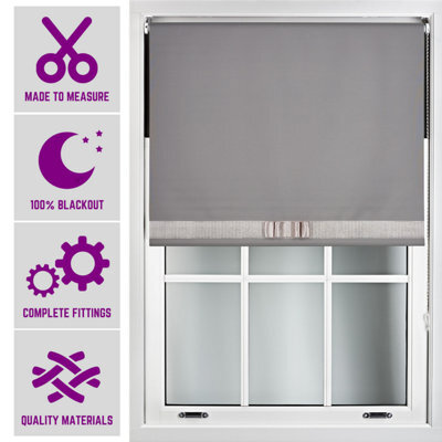 Dark Grey Blackout Roller Blind With Silver Diamante & Grey Bow Free Cut Down Service By Furnished - (W)60Cm X (L)210Cm - image 1