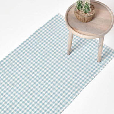 Homescapes Cotton Gingham Check Rug Hand Woven Blue White, 66 X 200 Cm - image 1