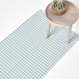 Homescapes Cotton Gingham Check Rug Hand Woven Blue White, 66 X 200 Cm - thumbnail 1