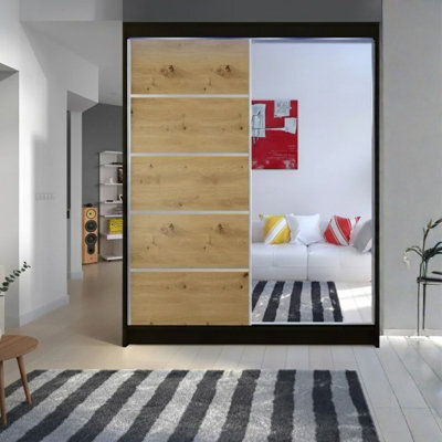 Sliding Door Wardrobe Camino 3 With Mirror And Rgb Led Lights Black Artisan Oak - image 1