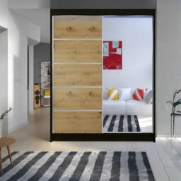Sliding Door Wardrobe Camino 3 With Mirror And Rgb Led Lights Black Artisan Oak - thumbnail 1