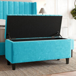 90Cm Safari Striped Plush Velvet Upholstered Ottoman Storage Bench With Legs,teal Deep Storage End Of Bed Shoes Bench - thumbnail 2