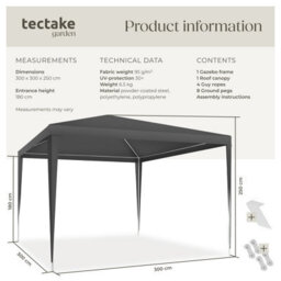 Tectake Gazebo Farah-  Water Resistant, Plug-In System, 3X3M 300 X 300 X 250 Cm - Grey - thumbnail 6