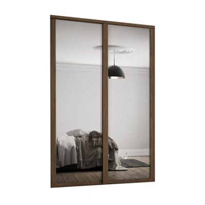 Spacepro Shaker 1 Panel Mirrored Carini Walnut Effect Framed Sliding Wardrobe Door Set Of 2 (H)2220mm (W)1449mm - image 1