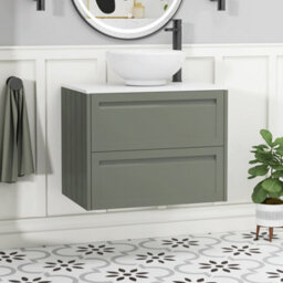 Royal Bathrooms Royal Bathroom Elmore 700mm Matt Green Wall Mounted Bathroom Vanity Unit 2 Drawer Plain White Worktop With Breeze Basin - thumbnail 1