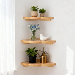 18Cm Oak Floating Corner Shelf Wall Mounted With Cable Hole - thumbnail 1