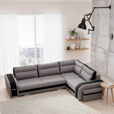 Assan Corner Sofa Bed With Ottoman Wooden Frame Wave Spring Foam Loose Pillows Light Grey And Black Right Side - image 1