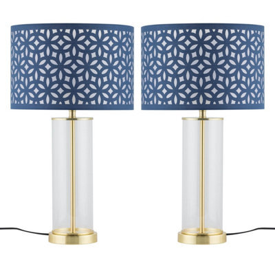 First Choice Lighting Set Of 2 Aura - Satin Brass Lamps With Navy Blue Cut Out Shades - image 1
